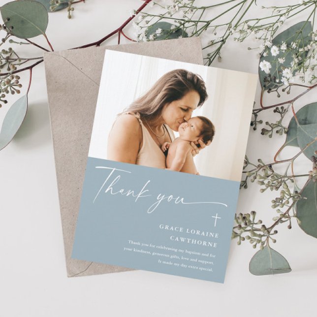 Modern Elegant Script Photo Baptism Thank You Card (Creator Uploaded)