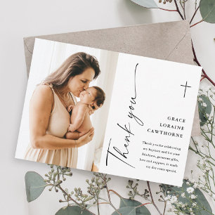 Modern Elegant Script Photo Baptism Thank You Card