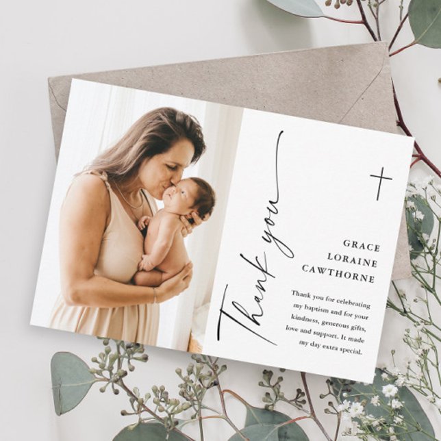 Modern Elegant Script Photo Baptism Thank You Card (Modern script photo baptism thank you cards.)