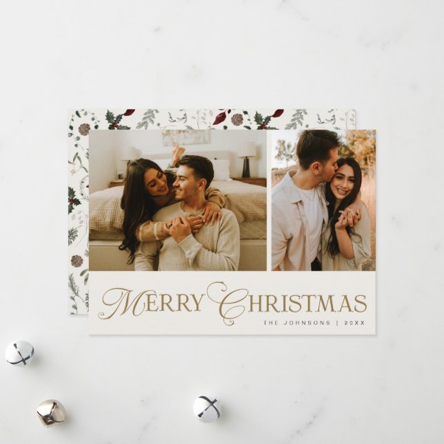 Modern Elegant Script Photo Collage Christmas Holiday Card (Front/Back In Situ)