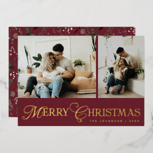 Modern Elegant Script Photo Collage Gold Christmas Foil Holiday Card