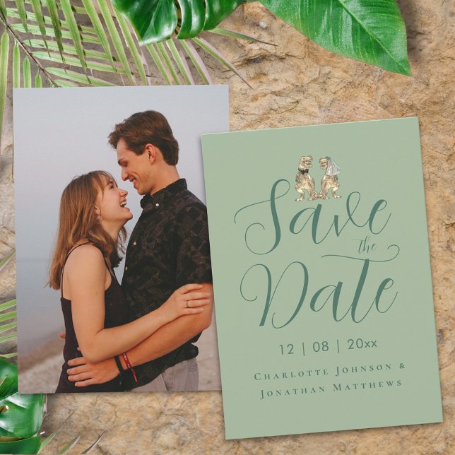 Modern Elegant Script Photo Funny Dinosaur Wedding Save The Date (Modern photo funny dinosaur bride and groom sage green destination wedding save the date)