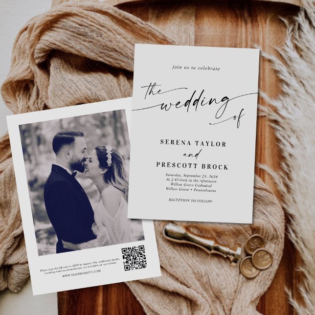 Modern Elegant Script Photo QR Code Wedding Invitation (Creator Uploaded)