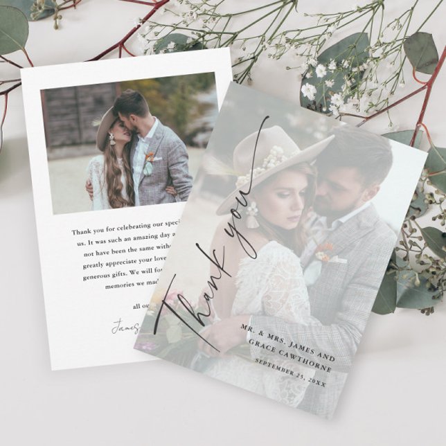 Modern Elegant Script Photo Wedding Thank You Card (Creator Uploaded)
