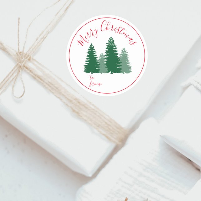 Modern Elegant Script Pine Trees Christmas Gift Classic Round Sticker (Creator Uploaded)