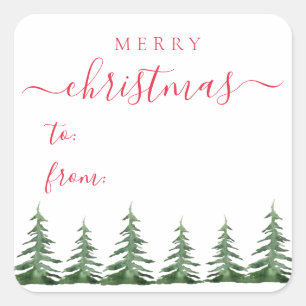 Modern & Elegant Script Pine Trees Christmas Gift Square Sticker