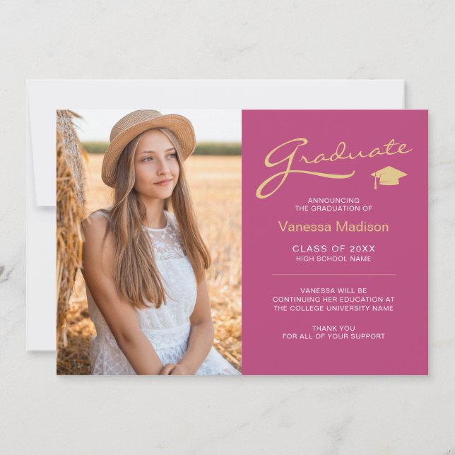 Modern Elegant Script Pink & Gold | 2 Photo Grad Announcement (Front)