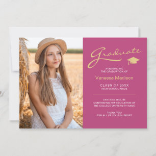 Modern Elegant Script Pink & Gold   2 Photo Grad Announcement