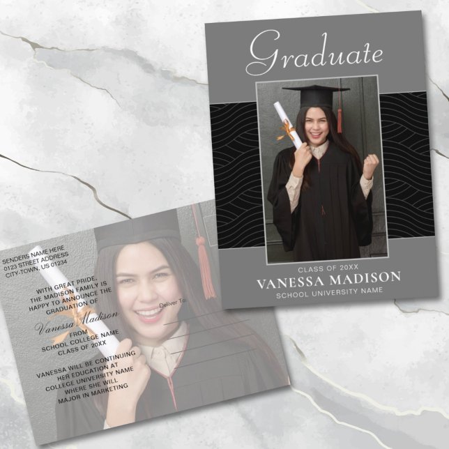 Modern | Elegant Script Platinum Grey 2 Photo Grad Postcard (Creator Uploaded)