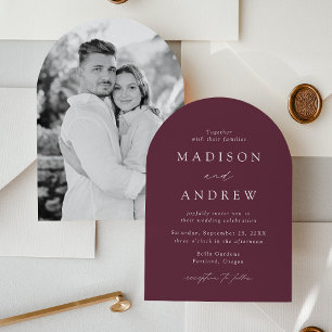 Modern Elegant Script Purple Photo Arch Wedding Invitation