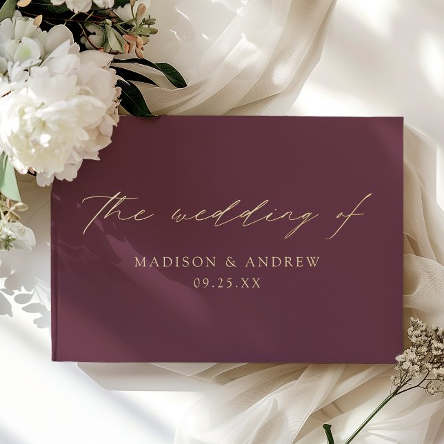 Modern Elegant Script Purple Photo Wedding Guest Book (Creator Uploaded)