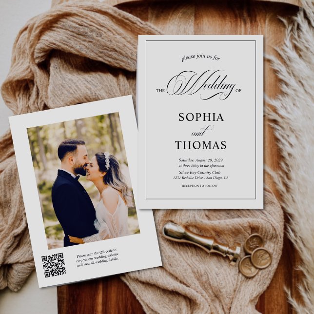 Modern Elegant Script QR Code Photo Budget Wedding Invitation (Creator Uploaded)