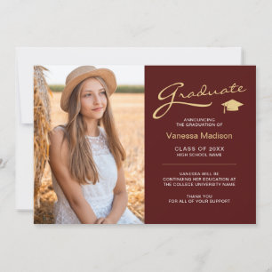 Modern Elegant Script Red Gold   2 Photo Grad Announcement