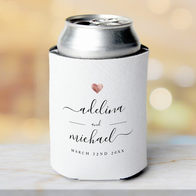 Modern Elegant Script Rose Gold Wedding Favour Can Cooler (Creator Uploaded)