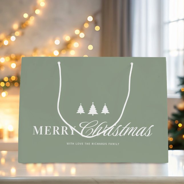 Modern Elegant Script Sage Green Christmas Large Gift Bag (A large-sized bag is shown, customize it with your family name. The design repeats on the back.)