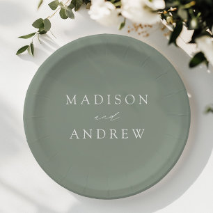 Modern Elegant Script Sage Green Wedding Paper Plate