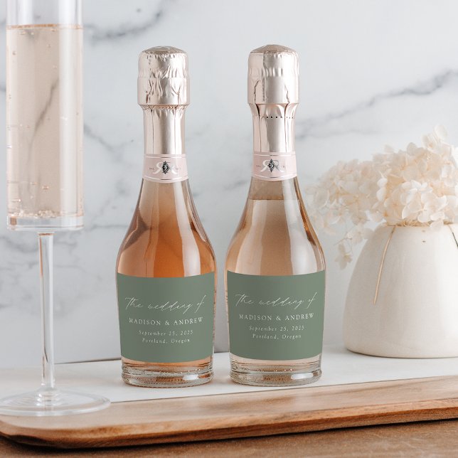 Modern Elegant Script Sage Green Wedding Sparkling Wine Label (Creator Uploaded)