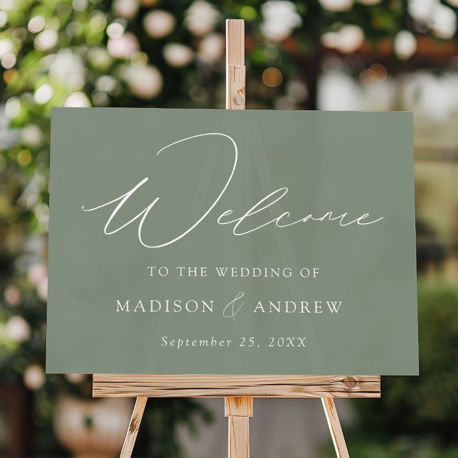 Modern Elegant Script Sage Green Wedding Welcome Acrylic Sign (Creator Uploaded)
