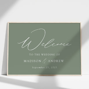 Modern Elegant Script Sage Green Wedding Welcome Poster