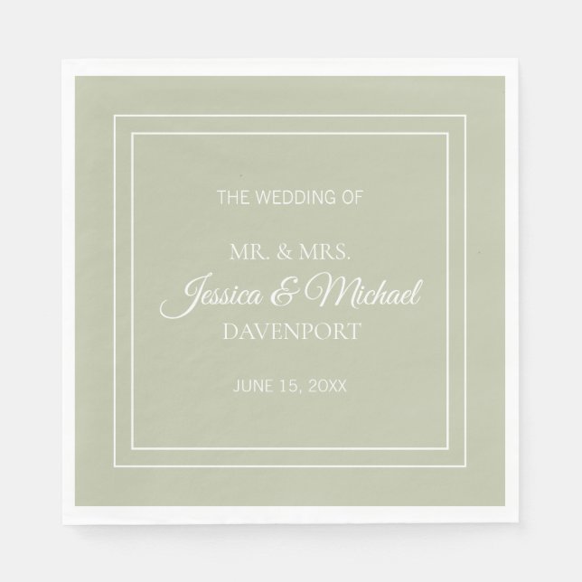 Modern Elegant Script Sage Green White Wedding Napkin (Front)