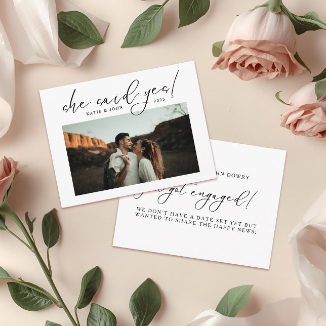 Modern Elegant Script She Said Yes Photo Announcement Postcard (Creator Uploaded)