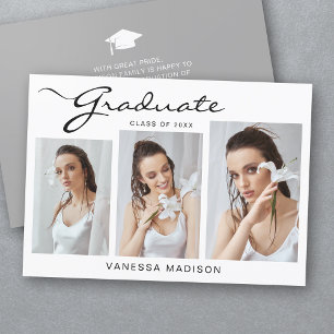 Modern Elegant Script Simple   3 Photo Graduation Announcement