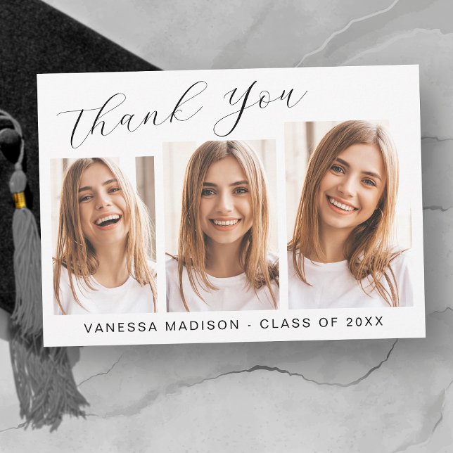 Modern Elegant Script Simple | 3 Photo Graduation Thank You Card (Creator Uploaded)