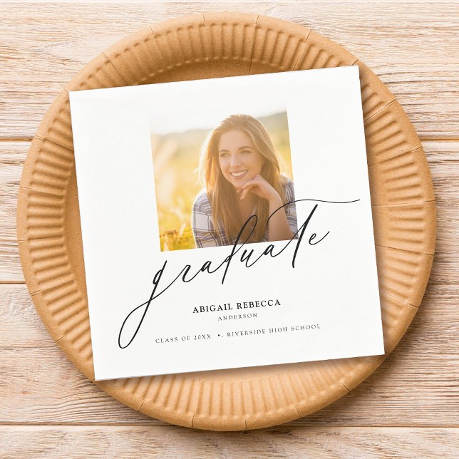 Modern Elegant Script Square Photo Graduation Napkin (Creator Uploaded)