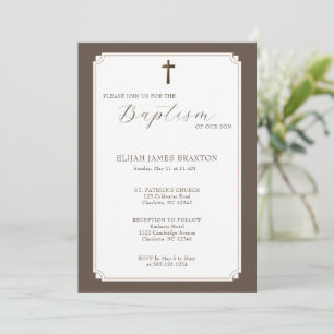 Modern Elegant Script Taupe Baptism Invitation