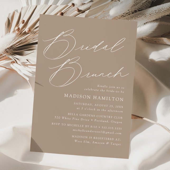 Modern Elegant Script Taupe Bridal Shower Brunch Invitation (Creator Uploaded)
