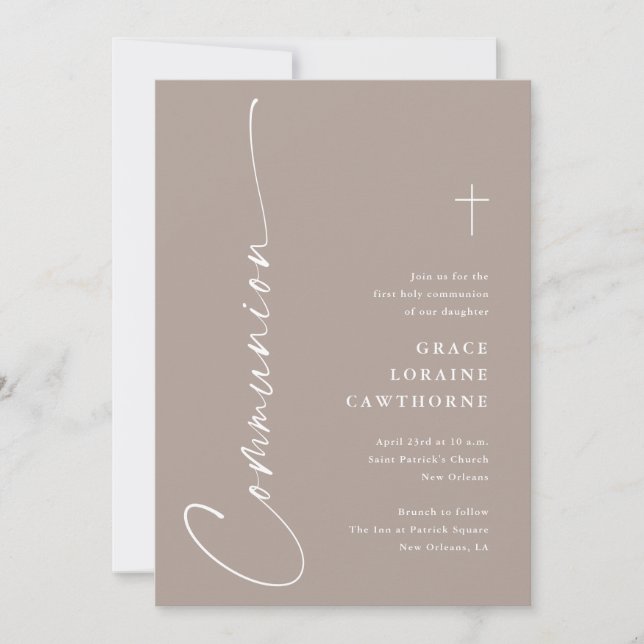 Modern Elegant Script Taupe First Communion Invitation (Front)