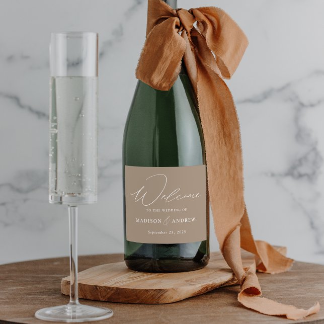 Modern Elegant Script Taupe Wedding Sparkling Wine Label (Creator Uploaded)