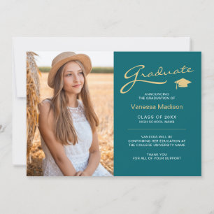 Modern Elegant Script Teal & Gold   2 Photo Grad Announcement