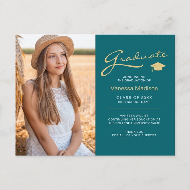 Modern Elegant Script Teal & Gold | 2 Photo Grad Postcard (Front)