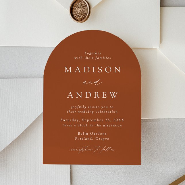 Modern Elegant Script Terracotta Arch Wedding Invitation (Creator Uploaded)