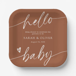 Modern Elegant Script Terracotta Baby Shower Paper Plate