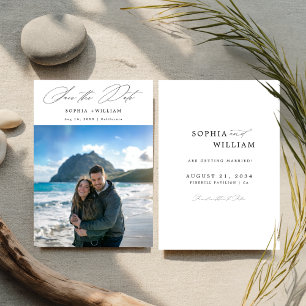 Modern Elegant Script Tropical Beach Photo Wedding Save The Date