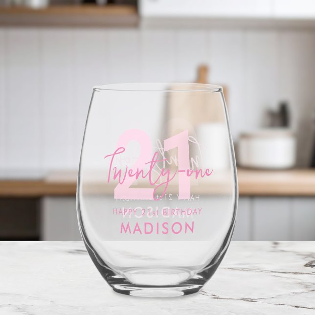Modern Elegant Script Twenty One 21st Birthday Stemless Wine Glass (Creator Uploaded)