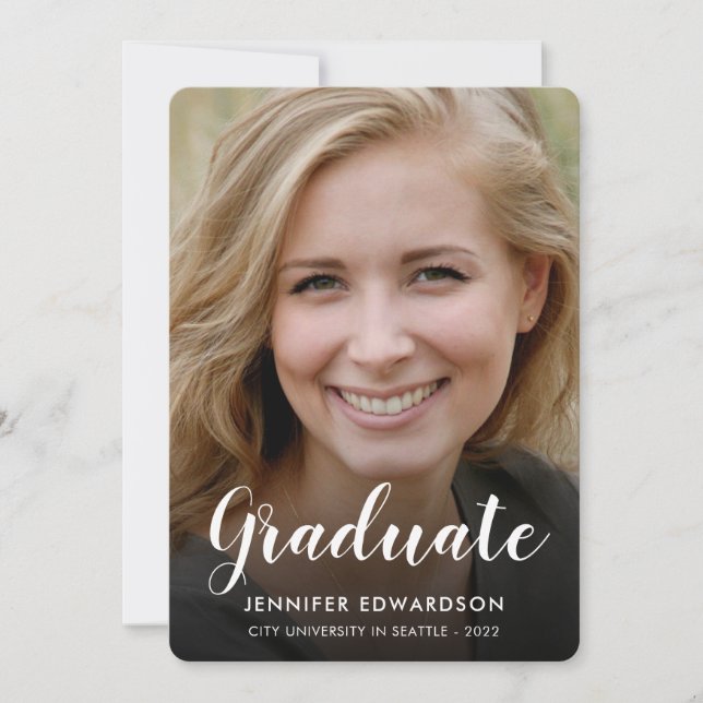 Modern elegant script two photos graduation announcement (Front)