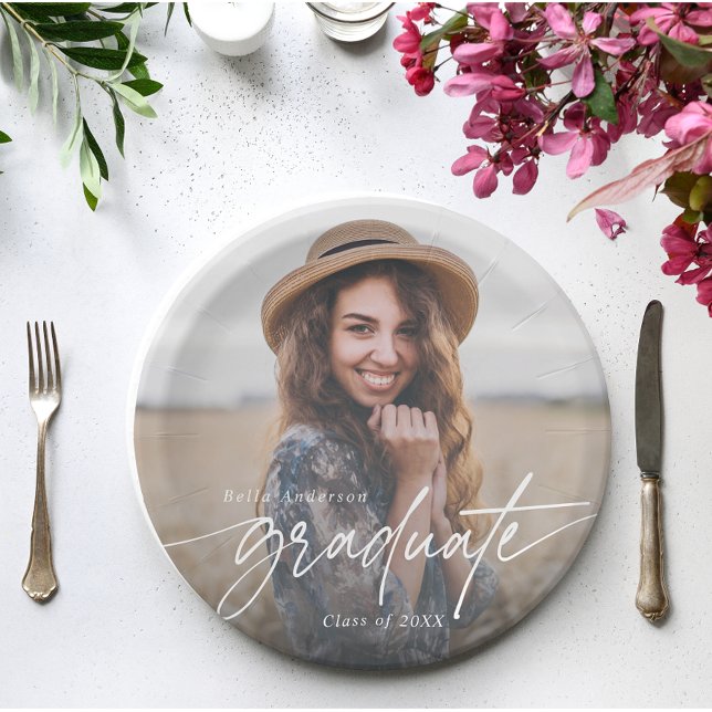 Modern Elegant Script Typography Graduate Photo Paper Plate (Creator Uploaded)
