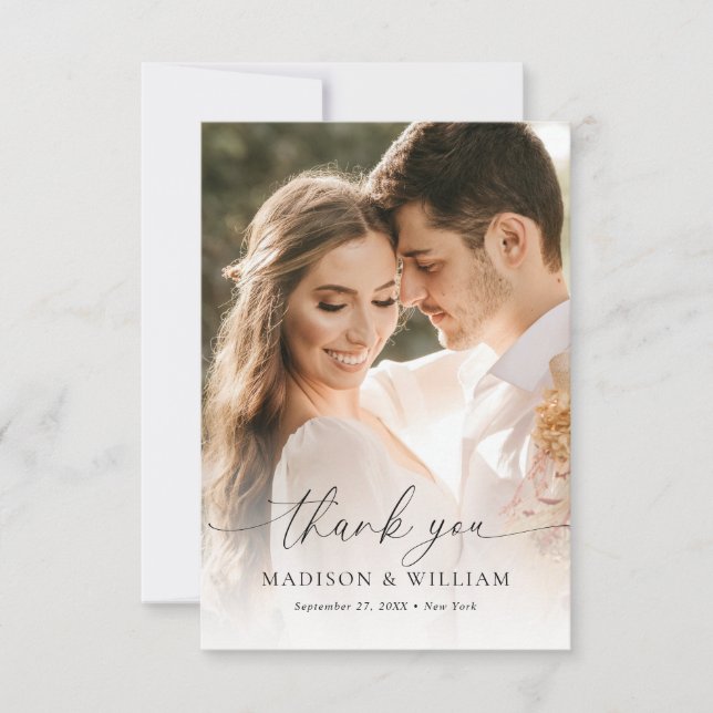Modern Elegant Script Typography Photo Wedding Thank You Card (Front)