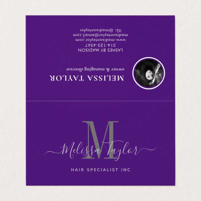 Modern Elegant Script Violet Folded Business Card (Outside Unfolded)