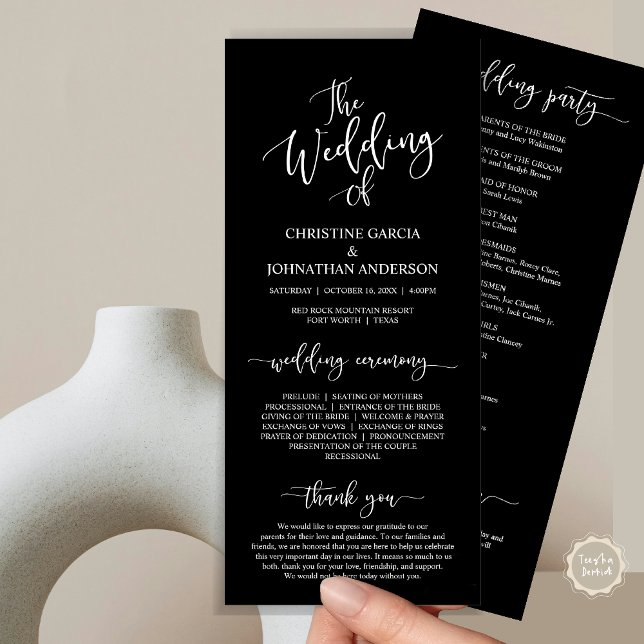 Modern Elegant Script, Wedding Ceremony Programme (Wedding Program Ceremony Card, Modern Romantic Script, Classy Black)