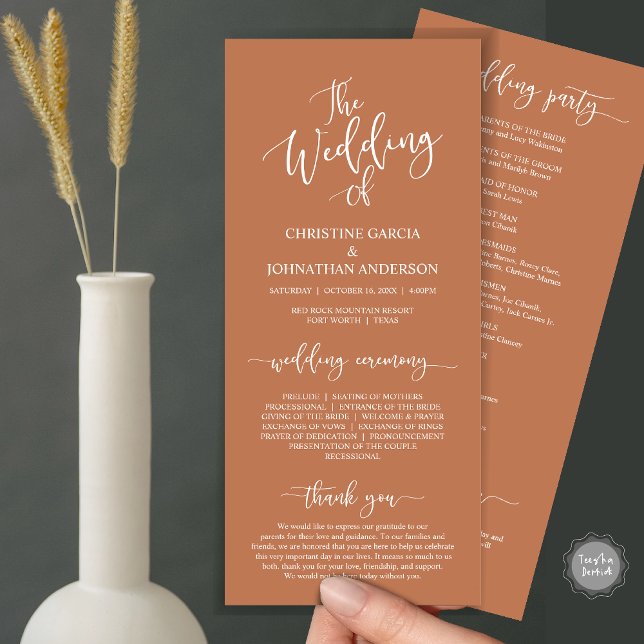 Modern Elegant Script, Wedding Ceremony Programme (Wedding Program Ceremony Card, Modern Romantic Script, in Copper themed)