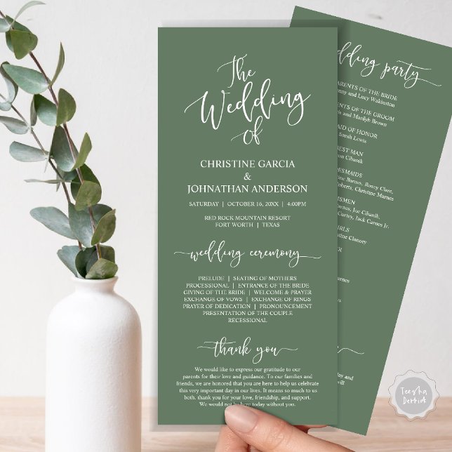 Modern Elegant Script, Wedding Ceremony Programme (Wedding Program Ceremony Card, Modern Romantic Script, Forest Sage Green)