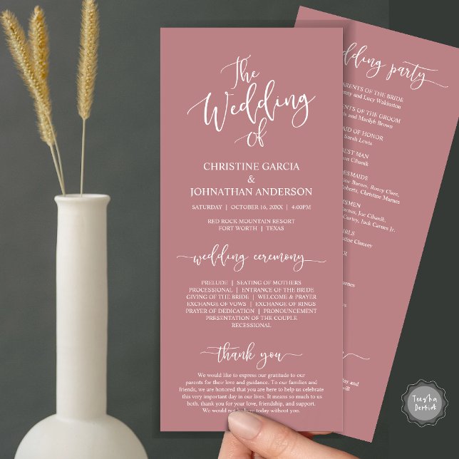 Modern Elegant Script, Wedding Ceremony Programme (Wedding Program Ceremony Card, Modern Romantic Script, Dusty Rose Red Pink)