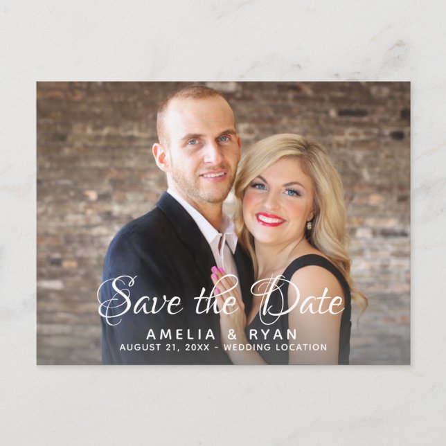 Modern elegant script wedding photo Save the date Announcement Postcard (Front)