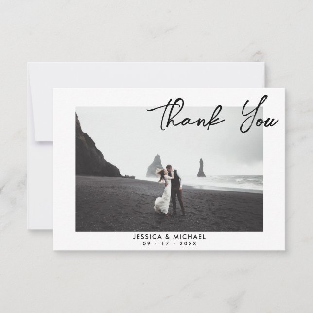 Modern Elegant Script Wedding Photo Thank You Card (Front)