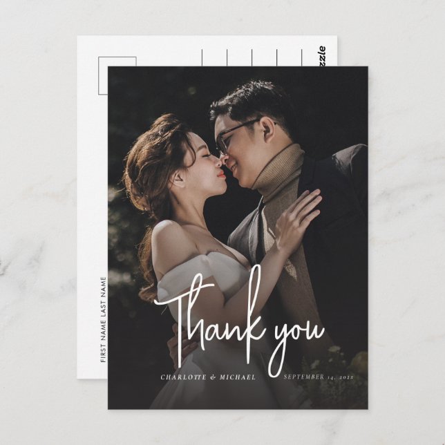 Modern Elegant Script Wedding Photo  Thank You Postcard (Front/Back)