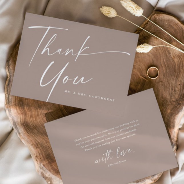 Modern Elegant Script Wedding  Thank You Card (Simple Modern handwritten Script Neutral Taupe Wedding Thank You Card.)